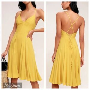 Lulus Troulos Mustard Yellow LaceUp Midi Dress Small Boho Feminine Wedding Guest